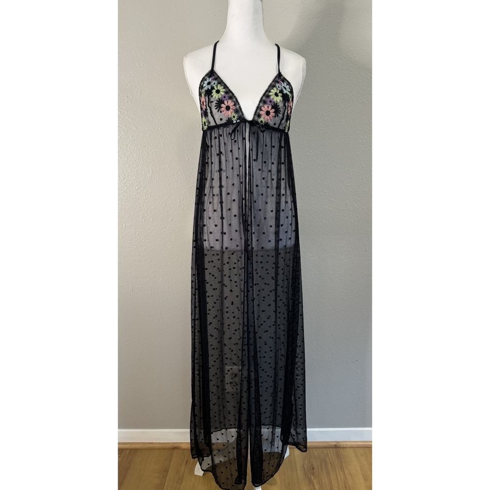 Savage X Fenty Mesh Maxi Duster Kimono Open Front Whimsigoth Embroidered Top S/M